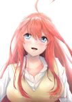  1girl absurdres ahoge bangs blue_eyes blush breasts collarbone collared_shirt dress_shirt eyebrows_visible_through_hair go-toubun_no_hanayome hair_between_eyes highres l-phy large_breasts long_hair nakano_itsuki open_mouth red_hair shirt solo vest white_shirt yellow_vest 