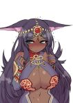  1girl animal_ear_fluff animal_ears aqua_eyes bangs bare_shoulders blush breasts bridal_gauntlets closed_mouth dark_skin ears_down eyebrows_visible_through_hair eyeliner fate/grand_order fate_(series) frown furrowed_eyebrows gem hands_up jewelry kogaku_kazuya large_breasts long_hair looking_away makeup navel nose_blush parted_bangs purple_hair queen_of_sheba_(fate/grand_order) simple_background solo sweat tears trembling very_long_hair white_background 