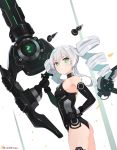  1girl artist_name ass black_sister breasts drill_hair elbow_gloves flat_ass from_side gloves green_eyes grey_hair hand_on_hip highres holding holding_weapon long_hair looking_at_viewer neptune_(series) sendrawz small_breasts smile solo symbol-shaped_pupils thighhighs trigger_discipline twin_drills weapon 