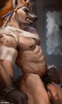  2019 anthro balls chunie detailed_background digital_media_(artwork) flaccid foreskin fur gnoll hair hi_res humanoid_penis hyaenid inside looking_aside male mammal muscular nipples nude penis solo spotted_hyena standing uncut 