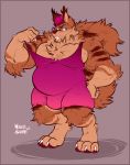  anthro barazoku biceps brown_fur bulge cappuccino chest_tuft clothing digitigrade ear_tuft elbow_tufts flexing fluffy fur hair hi_res male mammal musclegut muscular muscular_male pecs pink_hair rgmbleh rodent sciurid smile solo standing striped_fur stripes tree_squirrel tuft wrestling_singlet 