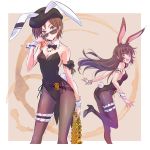  2girls :d animal_ears arm_garter ass bare_shoulders beret bow bowtie breasts brown_eyes brown_hair brown_legwear bunny_ears bunny_tail coco_adel contrapposto detached_collar gluteal_fold hat highres iesupa jewelry leg_garter leotard long_hair looking_at_viewer multiple_girls necklace open_mouth pantyhose rwby short_hair small_breasts smile standing standing_on_one_leg sunglasses tail velvet_scarlatina wrist_cuffs 