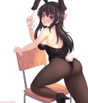  1girl animal_ears ass bare_shoulders black_hair blue_eyes blush breasts bunny_ears bunny_tail bunnysuit chair fake_animal_ears fast-runner-2024 from_behind hair_ornament hairclip highres large_breasts leotard long_hair looking_at_viewer looking_back open_mouth pantyhose sakurajima_mai seishun_buta_yarou shiny shiny_hair sideboob solo strapless strapless_leotard tail 