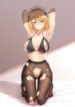  1girl abs absurdres aqua_eyes armpits arms_behind_head ass_visible_through_thighs bangs bare_legs barefoot bed_sheet blonde_hair blonde_pubic_hair blush bra braid breasts breasts_apart c.rabbit collarbone colored_pubic_hair commentary eyebrows_visible_through_hair g36_(girls_frontline) girls_frontline hair_between_eyes head_tilt highres kneeling looking_at_viewer maid maid_headdress medium_breasts mod3_(girls_frontline) navel nipple_piercing nipple_rings nipples pantyhose piercing pubic_hair pussy pussy_peek revealing_clothes sidelocks solo stomach toenails toned torn_clothes torn_legwear uncensored underwear 