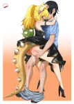  1boy 1girl ass black_dress blonde_hair bowsette clothed_sex crown cum dress high_heels horns mario_(series) new_super_mario_bros._u_deluxe nintendo pointy_ears sex super_crown tail 