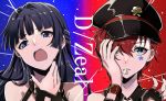  2girls absurdres bangs bare_shoulders black_gloves black_hair black_headwear black_nails blue_eyes eyebrows_visible_through_hair facial_mark fingerless_gloves fingernails gloves hair_between_eyes hair_intakes hand_on_own_face hat heart highres idolmaster idolmaster_million_live! idolmaster_million_live!_theater_days julia_(idolmaster) light_blue_eyes long_hair mek_number mogami_shizuka mouth_hold multiple_girls nail_polish open_mouth peaked_cap plectrum red_hair short_hair single_glove star teeth upper_body 