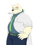  2017 anthro blue_eyes clothing eyewear fur glasses humanoid_hands kentaros115 leib_(tas) male mammal necktie overweight overweight_male pants polar_bear shirt simple_background smoking solo tokyo_afterschool_summoners ursid ursine video_games white_background white_fur 