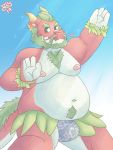  2019 anthro belly blue_background bulge dragon fur greenbeanyeen hi_res humanoid_hands male moobs navel nipples overweight overweight_male red_fur simple_background solo 