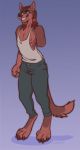  2019 5_fingers amputee anthro brown_hair brown_nose canid canine canis clothed clothing digital_media_(artwork) domestic_dog hair male mammal mastectomy_scars purple_background rokemi scar simple_background smile solo standing visibly_trans 