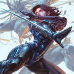  1girl alita:_battle_angel arm_blade black_hair brown_eyes character_request cyberpunk cyborg fighting_stance from_below gally gunnm highres jong_hwan mechanical_arms neon_trim nose severed_torso short_hair size_difference solo solo_focus weapon 