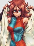  1girl android_21 arms_up black-framed_eyewear blue_eyes breasts brown_hair checkered checkered_dress closed_mouth collarbone commentary_request curly_hair detached_sleeves dragon_ball dragon_ball_fighterz dress earrings flat_color glasses grey_background holding_coat hoop_earrings jewelry labcoat long_hair medium_breasts sleeveless sleeveless_dress solo st62svnexilf2p9 two-tone_dress upper_body very_long_hair white_coat 