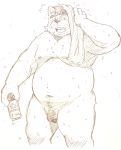  2019 anthro belly canid canine canis domestic_dog flaccid hi_res humanoid_hands humanoid_penis male mammal moobs navel nipples overweight overweight_male penis solo take_tsugu_roh towel wet 