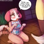  animal_crossing anthro blush breasts canid canine canis clothed clothing cookie_(animal_crossing) domestic_dog english_text female fur isabelle_(animal_crossing) lumineko mammal nintendo open_mouth pink_fur speech_bubble tailwag text tongue tongue_out video_games yellow_fur 