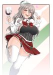  1girl alcohol black_footwear black_panties bottle bow breasts brown_eyes commentary_request corset cup drinking_glass drunk eyebrows_visible_through_hair flush grey_hair hair_between_eyes hat heart highres holding holding_cup kantai_collection long_hair looking_at_viewer mini_hat miniskirt open_mouth panties pola_(kantai_collection) red_bow red_neckwear ryuun_(stiil) shirt side-tie_panties skindentation skirt smile solo thick_eyebrows thighhighs underwear v wavy_hair white_legwear white_shirt wine wine_bottle wine_glass 