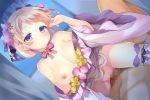  1boy 1girl blonde_hair braid breasts breasts_outside censored choker closed_mouth cowgirl_position flower flower_knight_girl game_cg german_iris_(flower_knight_girl) girl_on_top hair_flower hair_ornament hetero kurot looking_at_viewer medium_breasts mosaic_censoring nipples official_art pink_neckwear purple_eyes ribbon_choker sex shiny shiny_skin shirt_pull short_hair smile spread_legs star star_choker straddling sweat thighhighs two_side_up vaginal white_legwear 