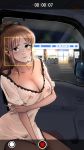  1girl aino_(acilealaulica) bangs blush breasts brown_eyes brown_hair cleavage closed_mouth collarbone highres looking_at_viewer original see-through time 