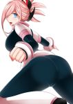  1girl absurdres artist_request ass belt blue_eyes bodysuit boku_no_hero_academia boots breasts cosplay fate/grand_order fate_(series) from_behind hair_ornament hair_over_one_eye highres large_breasts looking_at_viewer miyamoto_musashi_(fate/grand_order) open_mouth pink_hair ponytail shiny shiny_hair short_hair sideboob smile solo uraraka_ochako uraraka_ochako_(cosplay) 