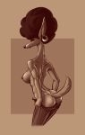  afro annoyed anthro breasts butt canid canine canis clothed clothing ear_piercing ear_ring erect_nipples female jackal looking_at_viewer mammal nibhaaz nipples piercing side_boob simple_background solo thin_waist topless undressing 