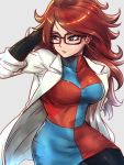  1girl android_21 arm_up black-framed_eyewear black_legwear blue_eyes breasts brown_hair checkered checkered_dress closed_mouth collarbone commentary_request cowboy_shot curly_hair detached_sleeves dragon_ball dragon_ball_fighterz dress earrings flat_color glasses grey_background hoop_earrings jewelry labcoat long_hair medium_breasts pantyhose sleeveless sleeveless_dress solo st62svnexilf2p9 two-tone_dress very_long_hair white_coat 