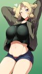  1girl arms_behind_head arms_up black_shirt blonde_hair blue_eyes blue_shorts blush breasts brown_jacket commentary cowboy_shot denim denim_shorts girls_und_panzer green_background hair_intakes heart jacket kay_(girls_und_panzer) large_breasts long_hair long_sleeves looking_at_viewer midriff military military_uniform navel one_eye_closed open_clothes open_fly open_jacket open_mouth panties puckered_lips red_panties sasaki_tatsuya saunders_military_uniform shirt short_shorts shorts smile solo standing striped striped_panties thighhighs thighs unbuttoned underwear uniform white_legwear 