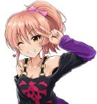  1girl ;d black_shirt bow brown_eyes brown_hair eyebrows_visible_through_hair grin hair_between_eyes hair_bow high_ponytail idolmaster idolmaster_cinderella_girls jougasaki_mika kitiku long_hair looking_at_viewer nail_polish off-shoulder_shirt off_shoulder one_eye_closed open_mouth pink_bow pink_nails print_shirt purple_skirt purple_sleeves shirt simple_background skirt smile solo upper_body white_background 