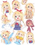  &gt;_&lt; 1girl :3 :d ;3 ;d =_= alternate_hairstyle arms_up bare_shoulders blonde_hair blue_dress blue_shirt blue_skirt blush bow braid brown_hair brown_jacket brown_sweater cheerleader collared_shirt commentary_request cosplay dress dress_shirt eyes_closed green_eyes hair_bow hair_over_one_eye hair_ribbon hairband hand_up heart heart_in_mouth high_ponytail himesaka_noa holding hoshino_miyako_(wataten) hoshino_miyako_(wataten)_(cosplay) jacket long_hair long_sleeves multiple_views nose_blush off-shoulder_sweater off_shoulder one_eye_closed open_clothes open_jacket open_mouth outstretched_arms pom_poms ponytail red_bow red_hairband red_ribbon ribbon sailor_collar sailor_dress school_uniform shaded_face shirt simple_background skirt sleeveless sleeveless_dress sleeves_past_wrists smile strap_slip sweater track_jacket twintails very_long_hair watashi_ni_tenshi_ga_maiorita! white_background white_dress white_sailor_collar white_shirt wig xd yuuuuu 