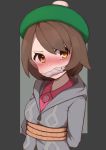  1girl beret blush brown_eyes brown_hair creatures_(company) eyebrows female_protagonist_(pokemon_swsh) gagged game_freak hat matching_hair/eyes nintendo pokemon pokemon_swsh rope rotogaki shirt short_hair solo sweater 