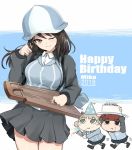  3girls :t aki_(girls_und_panzer) blue_headwear blue_jacket blue_shirt brown_eyes brown_hair cake character_name chibi closed_mouth collared_shirt commentary dated dress_shirt english_text eyebrows_visible_through_hair food food_on_finger girls_und_panzer green_eyes grey_skirt hand_in_hair hat head_tilt holding holding_food holding_instrument instrument jacket kantele kasai_shin keizoku_military_uniform keizoku_school_uniform light_brown_hair long_hair long_sleeves looking_at_viewer mika_(girls_und_panzer) mikko_(girls_und_panzer) military military_uniform miniskirt motion_lines multiple_girls one_eye_closed open_clothes open_jacket party_hat party_popper pleated_skirt raglan_sleeves school_uniform shirt short_twintails skirt smile standing striped striped_shirt track_jacket twintails uniform vertical-striped_shirt vertical_stripes walking white_shirt zipper 