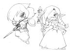  2girls armor arthuria_(camel) braid camel_(dansen) chibi dress female glasses marin_(camel) monochrome multiple_girls original pointy_ears shield staff sword twin_braids weapon 