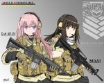  2girls absurdres acog ar-15 artist_request assault_rifle bulletproof_vest camouflage girls_frontline gloves gun headphones headset highres huge_filesize m4_carbine m4a1_(girls_frontline) military multiple_girls rifle skirt st_ar-15_(girls_frontline) tactical_clothes weapon 