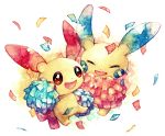  :d commentary creature creatures_(company) eyes_closed game_freak gen_3_pokemon happy holding holding_pom_poms minun nintendo no_humans open_mouth plusle pokemon pokemon_(creature) pom_poms rrrpct simple_background smile traditional_media watercolor_(medium) white_background 