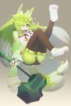  3_toes 4_fingers anthro blue_eyes blush breasts butt canid canine canis clothed clothing domestic_dog female fullbokko_heroes fur green_fur green_hair hair kemono kyuuri legwear long_hair mammal open_mouth panties panty_shot small_breasts smile solo thigh_highs toes underwear weapon 