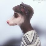  2019 anthro clothing didelphid hair lostgoose male mammal marsupial piercing portrait simple_background solo spring sweater 
