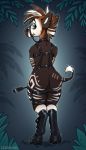  2019 absurd_res ambiguous_gender anthro brown_hair digital_media_(artwork) fur giraffid green_eyes hair hi_res hooves mammal okapi sebastian_(character) simple_background solo standing striped_fur stripes zazush-una 