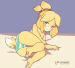  2019 animal_crossing anthro blush butt canid canine canis conditional_dnp crybleat digital_media_(artwork) domestic_dog female fur hair humanoid isabelle_(animal_crossing) looking_at_viewer male mammal nintendo nude shih_tzu simple_background smile solo video_games yellow_fur 