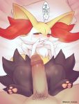  2019 3_toes absurd_res blush braixen bubonic_imomusi canid canine censored english_text erection hi_res hindpaw human humanoid_penis inner_ear_fluff interspecies looking_at_penis looking_at_viewer lying male mammal nintendo pawpads paws penis pok&eacute;mon pok&eacute;mon_(species) pok&eacute;philia precum pubes red_eyes sweat sweatdrop text thought_bubble toes translated video_games 
