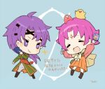  1boy 1girl arm_up artist_name bird cape card chibi closed_mouth dress eyes_closed fa facial_mark fire_emblem fire_emblem:_fuuin_no_tsurugi fire_emblem_cipher forehead_mark holding hugh long_sleeves mamkute nintendo open_mouth purple_eyes purple_hair short_hair smile tobi_(kotetsu) 