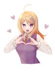  1girl :d ahoge akamatsu_kaede blonde_hair breasts danganronpa dot_nose eighth_note eyebrows_visible_through_hair finger_heart hair_ornament heart long_hair looking_at_viewer musical_note musical_note_hair_ornament necktie new_danganronpa_v3 open_mouth orange_neckwear pink_heart pink_sweater_vest purple_eyes school_uniform shirt simple_background smile solo ssumbi sweater_vest upper_body white_background white_shirt 