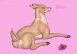  2019 anus butt cervid cervine digital_media_(artwork) female feral ferobird fur hi_res loimu_(character) looking_at_viewer looking_back mammal pinup pose pussy short_tail simple_background solo suggestive text tongue tongue_out 