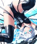  1girl aqua_eyes ass bangs bdsm between_breasts black_gloves black_heart black_legwear blurry bondage bound bound_arms bound_legs bound_torso breasts cleavage commentary_request depth_of_field elbow_gloves from_below gloves glowing glowing_eyes hair_between_eyes haribote_(tarao) holding holding_weapon leotard long_hair looking_at_viewer looking_through_legs magical_girl medium_breasts neptune_(series) power_symbol revision solo spread_legs sword symbol-shaped_pupils tears thighs turtleneck upside-down weapon white_hair 