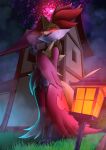  2019 absurd_res anthro blush canid canine delphox detailed_background female fingering front_view fur hi_res katahane3 looking_at_viewer mammal nintendo pok&eacute;mon pok&eacute;mon_(species) pussy pussy_juice red_eyes red_fur standing sweat teeth tongue video_games 