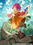  1girl blue_sky boots cape cloud company_name copyright_name day dress eyes_closed fa facial_mark fire_emblem fire_emblem:_fuuin_no_tsurugi fire_emblem_cipher forehead_mark holding leaf long_sleeves mamkute nintendo official_art open_mouth outdoors pointy_ears purple_hair short_hair sky solo stone tobi_(kotetsu) 