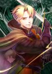  2boys blonde_hair brown_cape brown_eyes brown_gloves cape day dylan_the_island_king ethan_the_exiled_hero facial_hair forest gloves holding holding_sword holding_weapon looking_at_viewer male_focus mizuki_apple multiple_boys nature outdoors pixiv_fantasia pixiv_fantasia_last_saga profile smirk stubble sword upper_body weapon 