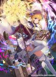  1girl blonde_hair book boots clarine closed_mouth company_name copyright_name fire_emblem fire_emblem:_fuuin_no_tsurugi fire_emblem_cipher gloves hat high_heels holding holding_book holding_staff horse kurosawa_tetsu magic_circle nintendo official_art purple_eyes purple_gloves purple_headwear rock skirt smile solo staff thigh_boots thighhighs 