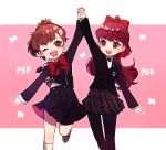  2girls ;d black_legwear black_skirt bow female_protagonist_(persona_3) gekkoukan_high_school_uniform gloves hair_ornament hairclip highres interlocked_fingers long_hair look-alike multiple_girls one_eye_closed open_mouth persona persona_3 persona_3_portable persona_5_the_royal pink_background plaid plaid_skirt pleated_skirt ponytail red_bow red_eyes school_uniform shuujin_academy_uniform simple_background skirt smile white_gloves 