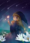  blonde_hair book dress flower from_behind hat kiitos long_hair looking_back magic night original sidelocks smile star star_(sky) 