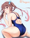 1girl absurdres aqua_background asagumo_(kantai_collection) ass blue_swimsuit brown_hair chiaki_(haigore) commentary_request competition_swimsuit embarrassed from_behind hair_ribbon highres kantai_collection long_hair looking_at_viewer looking_back one-piece_swimsuit ribbon silver_eyes simple_background sitting solo swimsuit twintails twitter_username wariza 
