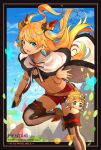  1boy 1girl :d ahoge artist_name black_bikini_top blonde_hair blue_eyes blue_sky breasts cape cleavage cloud dagger day dragalia_lost ezelith fang floating_hair fur_trim hair_ornament hentaki highres holding holding_dagger holding_weapon long_hair looking_at_viewer miniboy navel open_mouth red_shorts shoes short_shorts shorts sky small_breasts smile stomach striped striped_legwear thighhighs two_side_up weapon white_cape white_footwear 