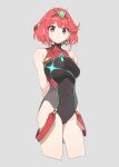  1girl bangs bare_arms black_swimsuit breasts competition_swimsuit covered_navel earrings gem highres homura_(xenoblade_2) jewelry large_breasts looking_at_viewer machi_(wm) nintendo one-piece_swimsuit red_eyes red_hair short_hair solo standing swimsuit tiara xenoblade_(series) xenoblade_2 