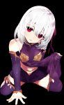  1girl bangs banned_artist bare_shoulders black_background breasts detached_sleeves dress dress_lift fate/grand_order fate_(series) hair_ribbon highres kama_(fate/grand_order) kneeling looking_at_viewer midriff parted_lips pelvic_curtain purple_dress purple_legwear red_eyes ribbon short_hair silver_hair sleeveless sleeveless_dress small_breasts smile solo tetsubuta thighs 